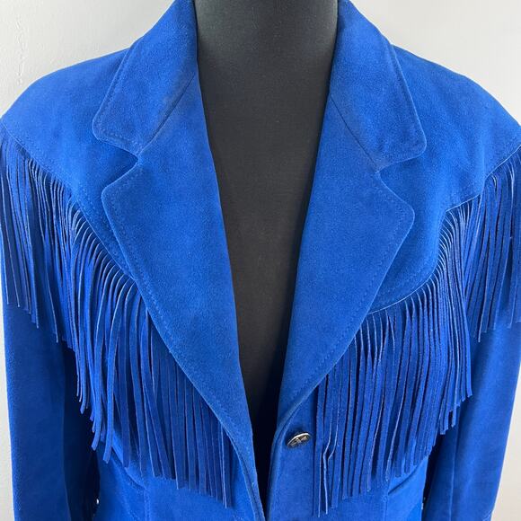 VINTAGE Pioneer Wear Blue Cowboy Western Suede Fringe Single Breasted Jacket VTG - Picture 2 of 9